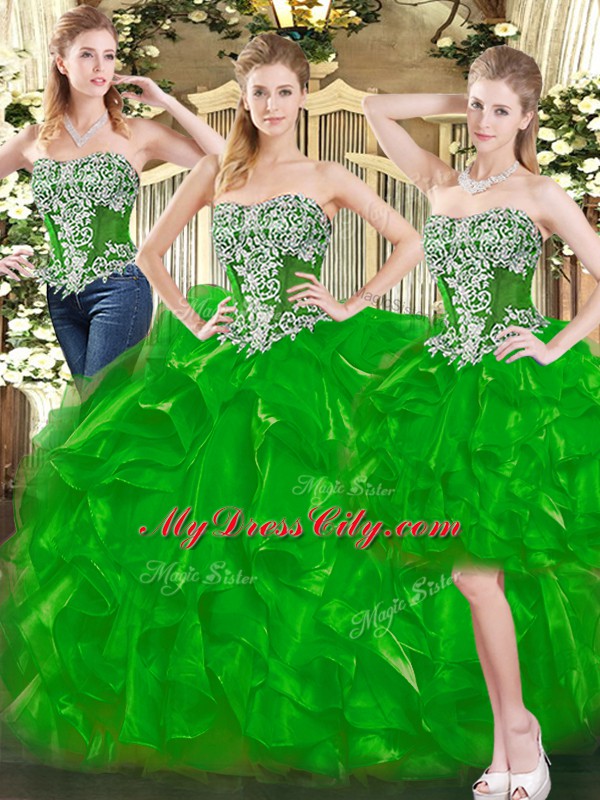 Stylish Green Organza Lace Up Sweet 16 Dress Sleeveless Floor Length Beading and Ruffles