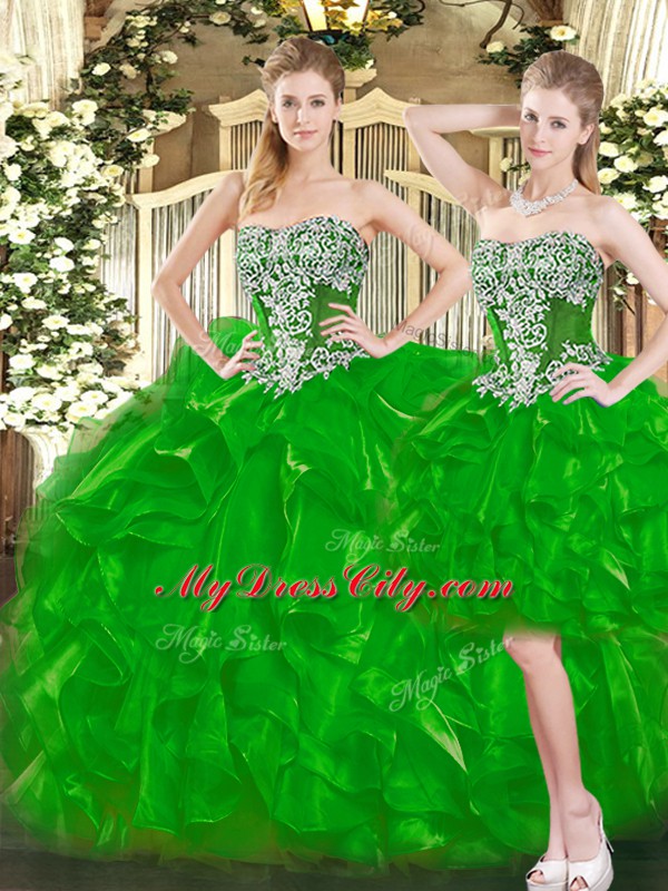 Stylish Green Organza Lace Up Sweet 16 Dress Sleeveless Floor Length Beading and Ruffles