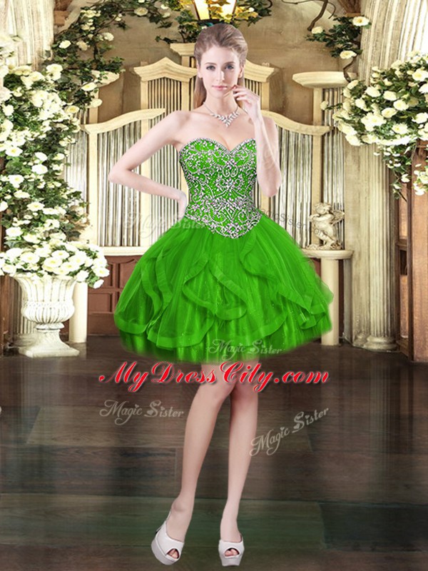 Sleeveless Mini Length Beading and Ruffles Lace Up Prom Party Dress with Green