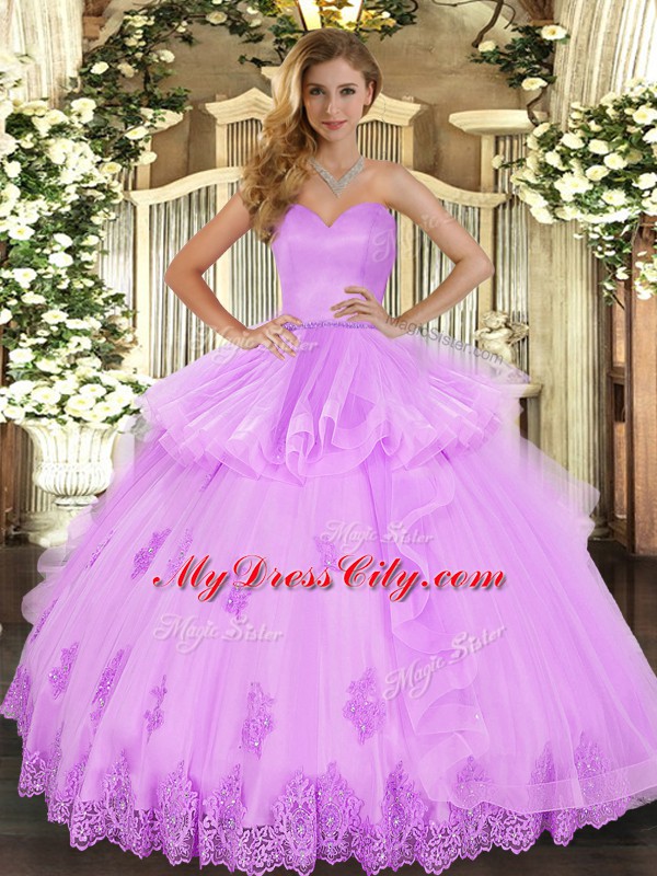 Clearance Floor Length Lilac Sweet 16 Quinceanera Dress Tulle Sleeveless Beading and Appliques and Ruffles