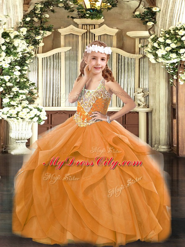 Tulle V-neck Sleeveless Lace Up Beading and Ruffles Girls Pageant Dresses in Orange Red