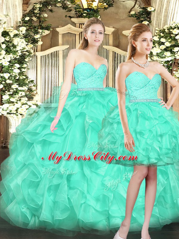 Vintage Turquoise Sleeveless Ruffles Floor Length Ball Gown Prom Dress with Shawl