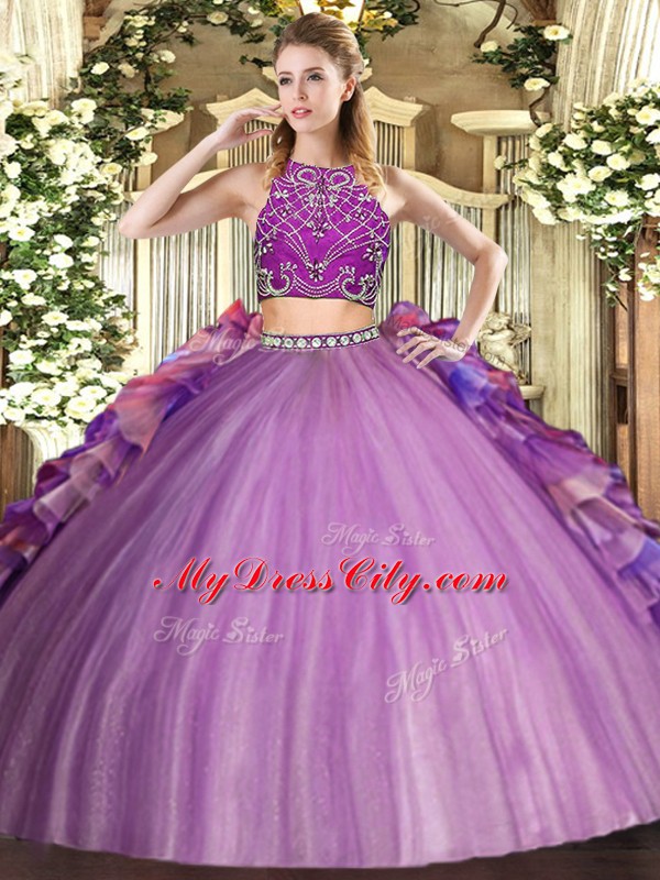 Sophisticated Floor Length Multi-color Quinceanera Gown Tulle Sleeveless Beading and Ruffles