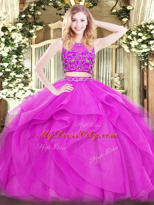 Custom Design Fuchsia Two Pieces Scoop Sleeveless Tulle Floor Length Zipper Beading and Ruffles Ball Gown Prom Dress