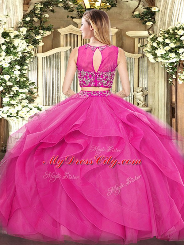 Custom Design Fuchsia Two Pieces Scoop Sleeveless Tulle Floor Length Zipper Beading and Ruffles Ball Gown Prom Dress