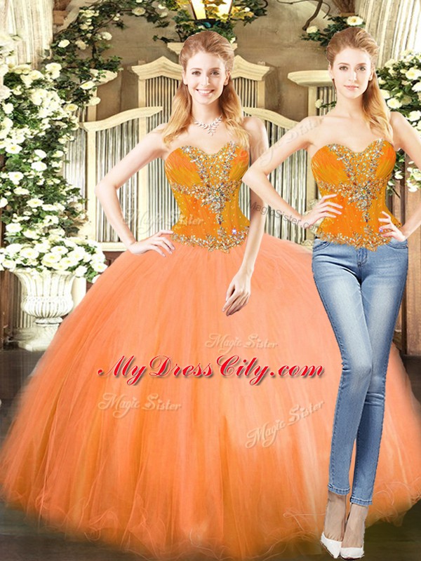 Colorful Tulle Sweetheart Sleeveless Lace Up Beading Sweet 16 Dress in Orange Red