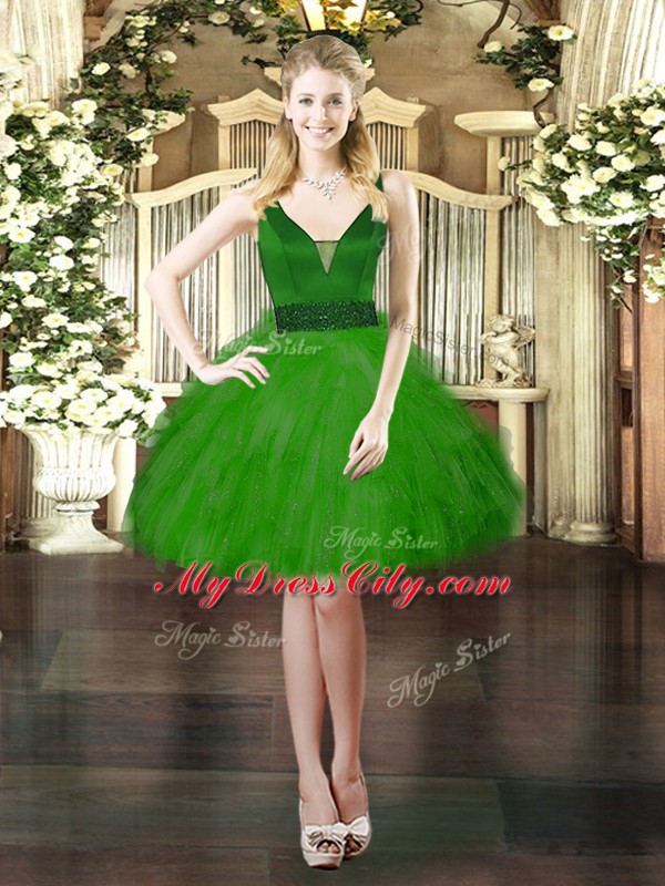 Mini Length Green Prom Evening Gown Tulle Sleeveless Beading and Ruffles