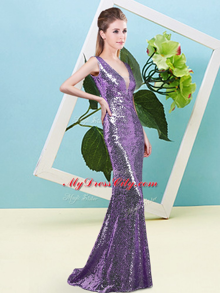 Eggplant Purple Sleeveless Sequins Floor Length Prom Dresses