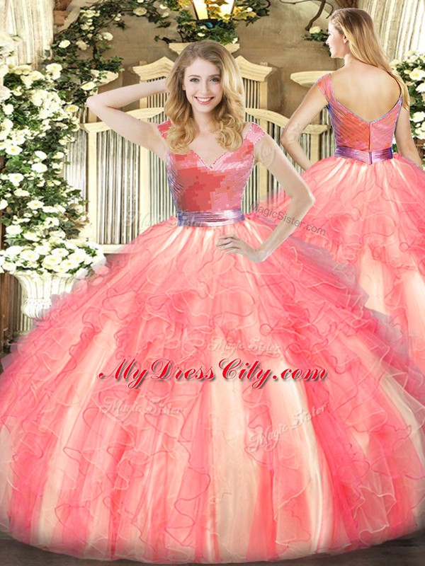 Delicate Watermelon Red Tulle Zipper V-neck Sleeveless Floor Length 15 Quinceanera Dress Beading and Ruffles