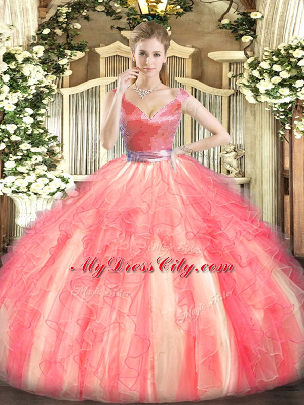 Delicate Watermelon Red Tulle Zipper V-neck Sleeveless Floor Length 15 Quinceanera Dress Beading and Ruffles