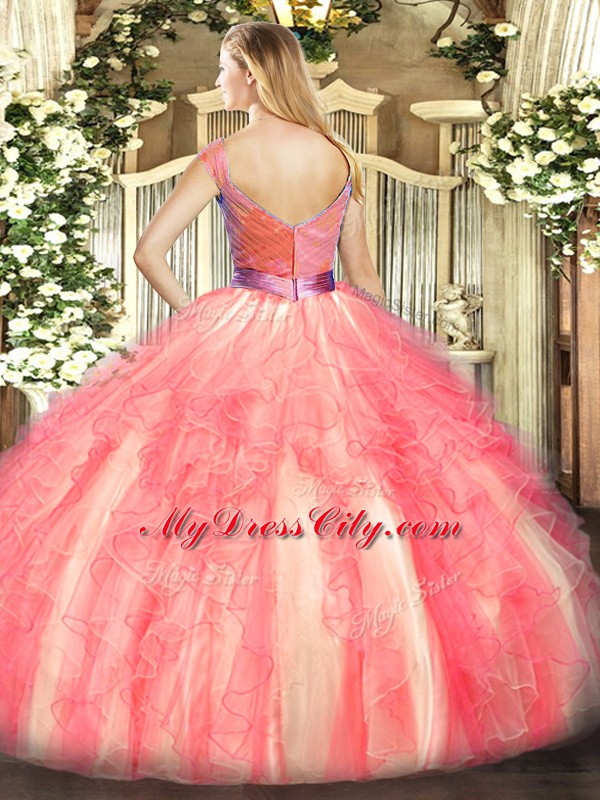 Delicate Watermelon Red Tulle Zipper V-neck Sleeveless Floor Length 15 Quinceanera Dress Beading and Ruffles