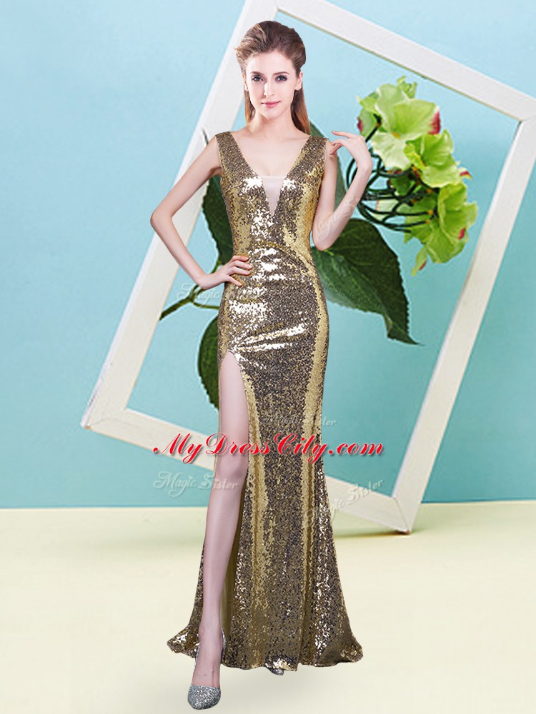 Most Popular V-neck Sleeveless Zipper Evening Dress Yellow Sequined