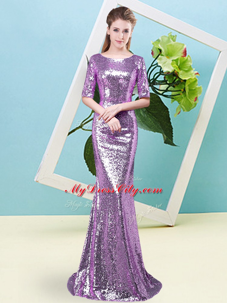 Deluxe Lavender Sequined Zipper Prom Dresses Half Sleeves Floor Length Sequins
