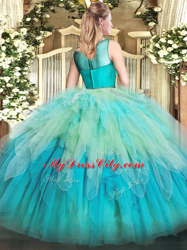 Beading and Ruffles Sweet 16 Dress Multi-color Zipper Sleeveless Floor Length