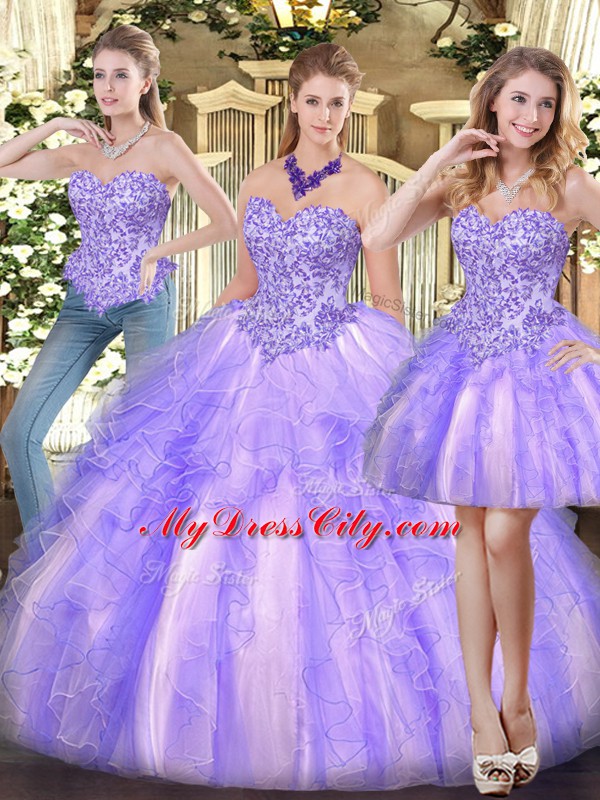 Lavender Three Pieces Sweetheart Sleeveless Organza Floor Length Zipper Appliques and Ruffles Quinceanera Gown