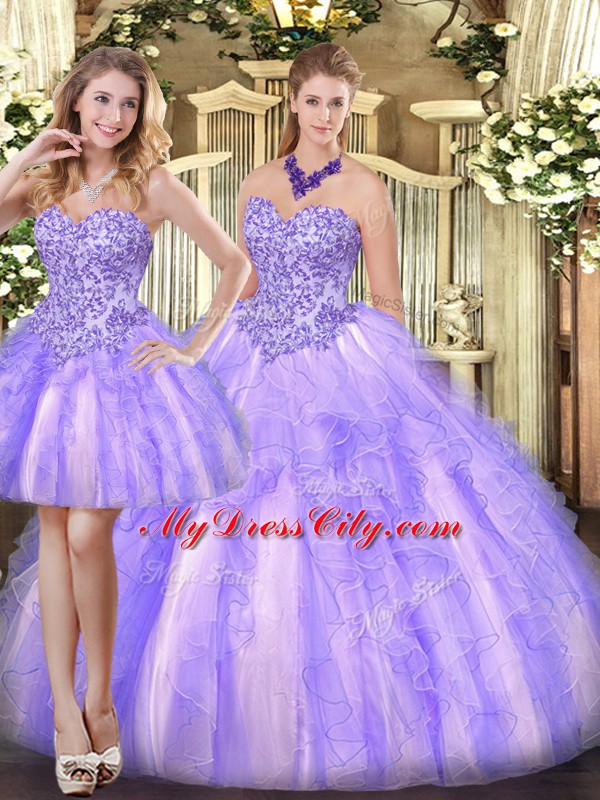 Lavender Three Pieces Sweetheart Sleeveless Organza Floor Length Zipper Appliques and Ruffles Quinceanera Gown