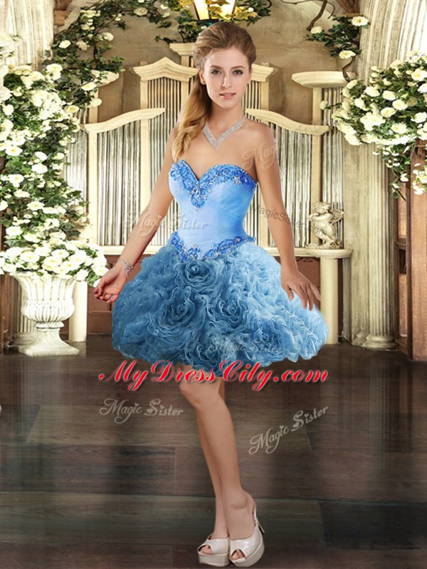 Romantic Baby Blue Sleeveless Mini Length Beading Lace Up Prom Dress