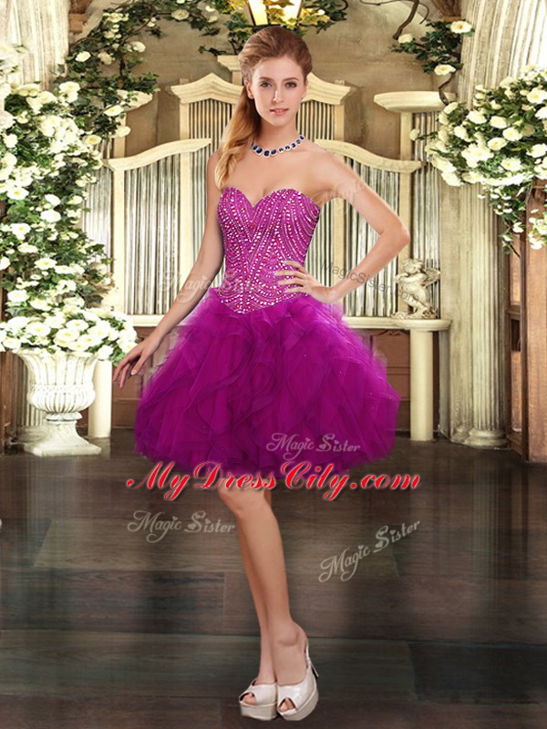 Top Selling Sleeveless Organza Mini Length Lace Up Evening Dress in Fuchsia with Beading and Ruffles