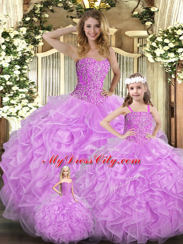 Stylish Lilac Ball Gowns Beading and Ruffles Sweet 16 Quinceanera Dress Lace Up Organza Sleeveless Floor Length