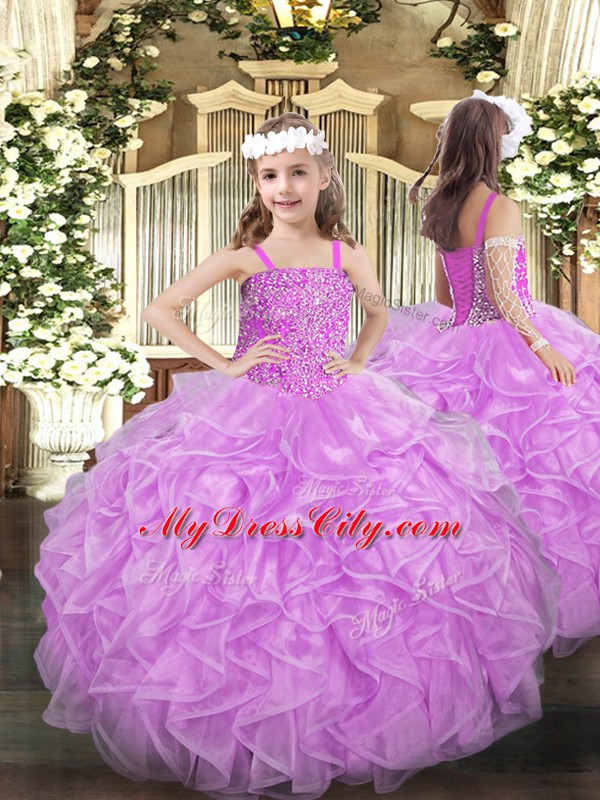 Stylish Lilac Ball Gowns Beading and Ruffles Sweet 16 Quinceanera Dress Lace Up Organza Sleeveless Floor Length