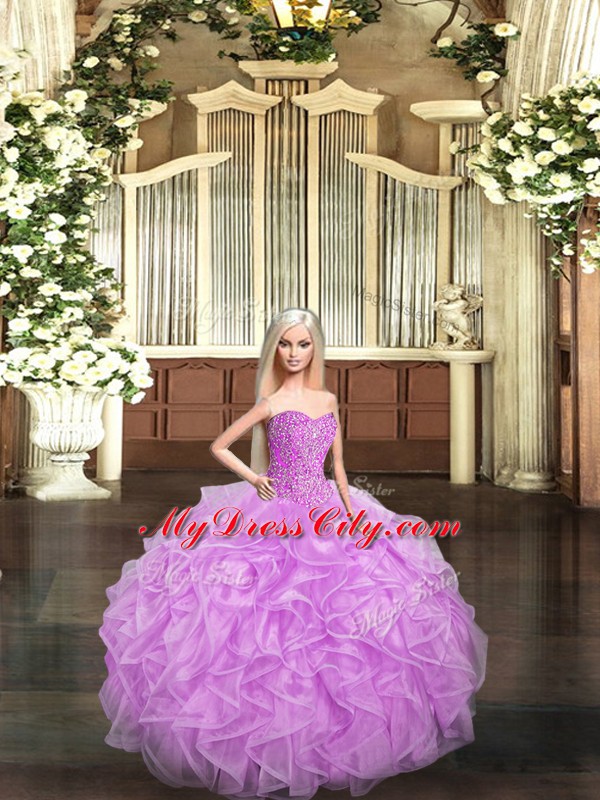 Stylish Lilac Ball Gowns Beading and Ruffles Sweet 16 Quinceanera Dress Lace Up Organza Sleeveless Floor Length