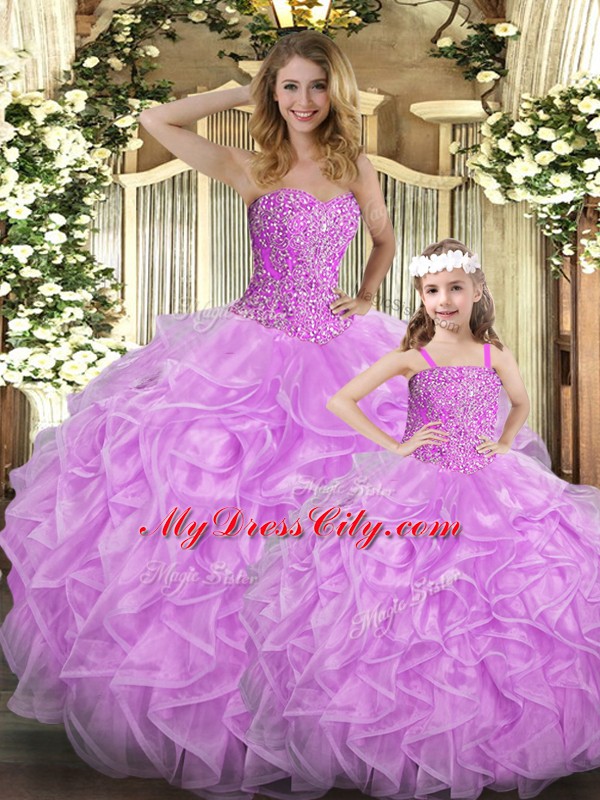 Stylish Lilac Ball Gowns Beading and Ruffles Sweet 16 Quinceanera Dress Lace Up Organza Sleeveless Floor Length