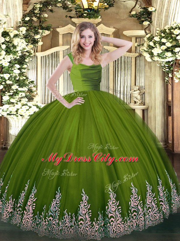 Floor Length Olive Green Quinceanera Dresses Tulle Sleeveless Lace and Appliques