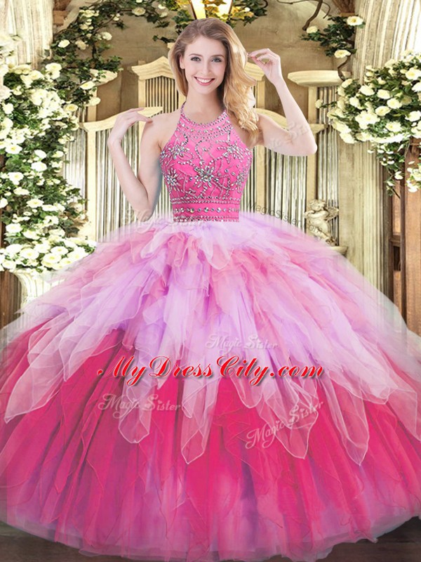 New Arrival Multi-color Tulle Zipper Halter Top Sleeveless Floor Length Ball Gown Prom Dress Beading and Ruffles