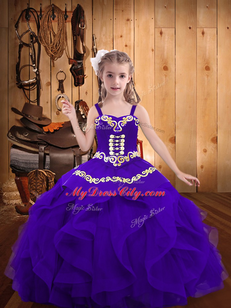 Excellent Floor Length Ball Gowns Sleeveless Eggplant Purple Kids Pageant Dress Lace Up