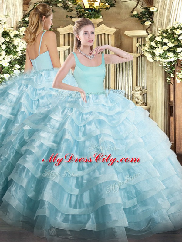 Light Blue Sleeveless Floor Length Beading and Ruffled Layers Zipper Sweet 16 Dress