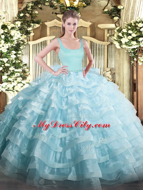 Light Blue Sleeveless Floor Length Beading and Ruffled Layers Zipper Sweet 16 Dress