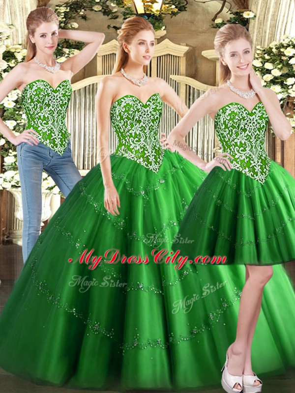 Deluxe Tulle Sweetheart Sleeveless Lace Up Beading Vestidos de Quinceanera in Green