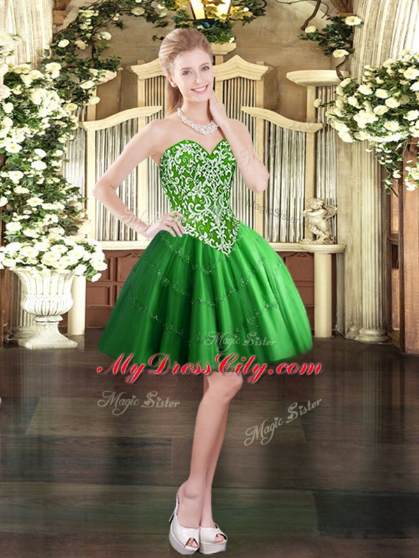 Deluxe Tulle Sweetheart Sleeveless Lace Up Beading Vestidos de Quinceanera in Green