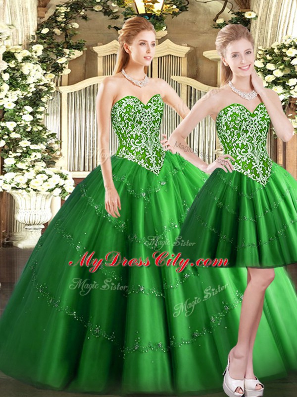 Deluxe Tulle Sweetheart Sleeveless Lace Up Beading Vestidos de Quinceanera in Green