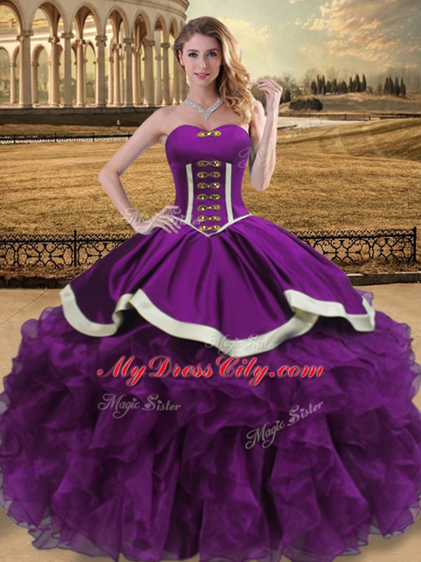 Eggplant Purple Sweetheart Lace Up Beading and Ruffles 15th Birthday Dress Sleeveless