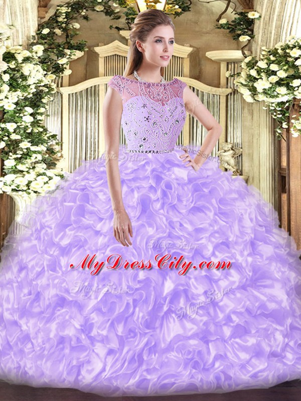 Comfortable Bateau Sleeveless Vestidos de Quinceanera Floor Length Beading and Ruffles Lavender Tulle