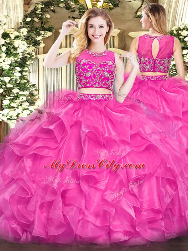 Stylish Hot Pink Two Pieces Beading and Ruffles Quinceanera Gowns Zipper Tulle Sleeveless Floor Length