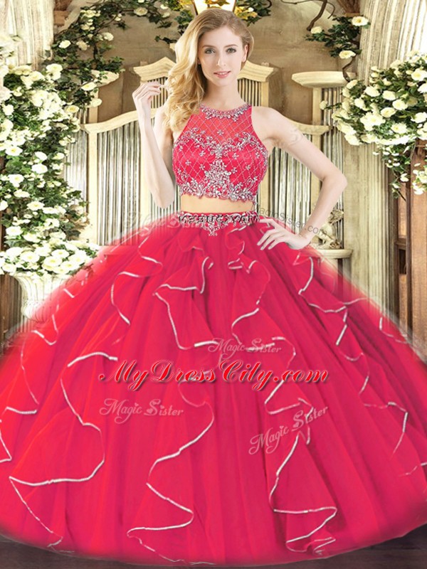 Fashion Scoop Sleeveless Ball Gown Prom Dress Floor Length Ruffles Coral Red Organza