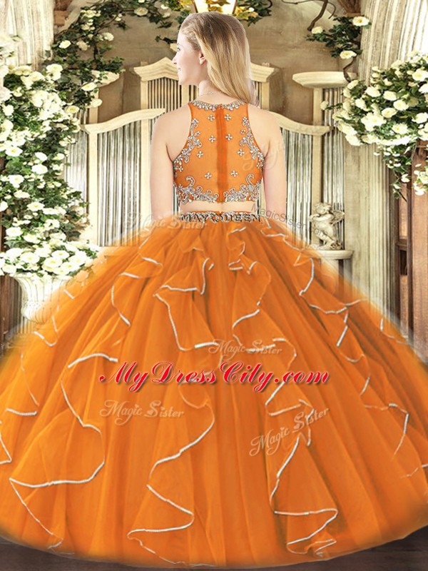 Fashion Scoop Sleeveless Ball Gown Prom Dress Floor Length Ruffles Coral Red Organza