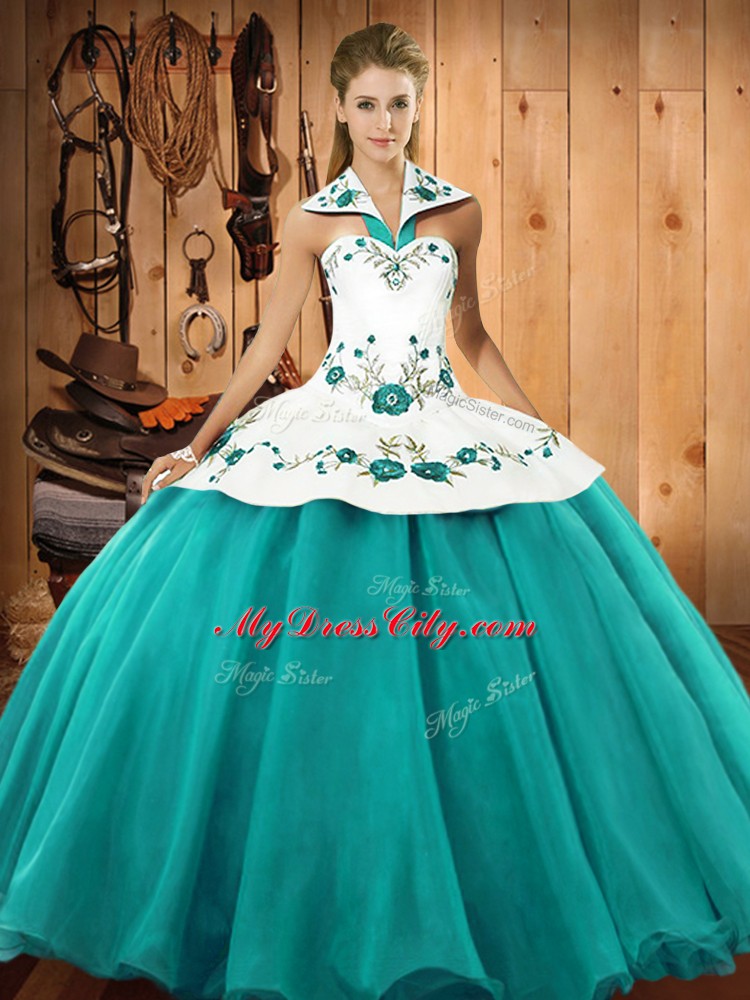 Hot Sale Floor Length Turquoise Quinceanera Dress Satin and Tulle Sleeveless Embroidery