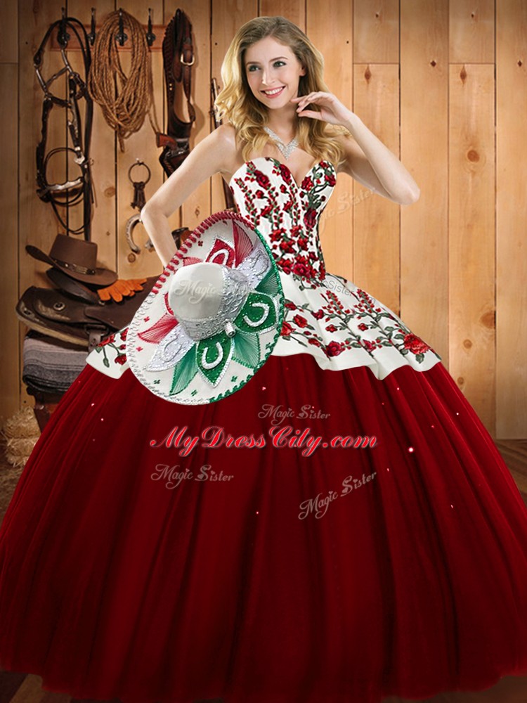 Excellent Wine Red Sweetheart Neckline Embroidery Quinceanera Gowns Sleeveless Lace Up