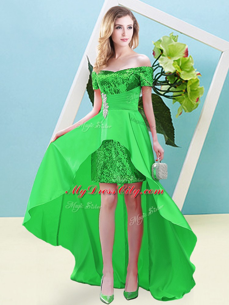 High Low Green Prom Party Dress Elastic Woven Satin and Sequined Short Sleeves Beading