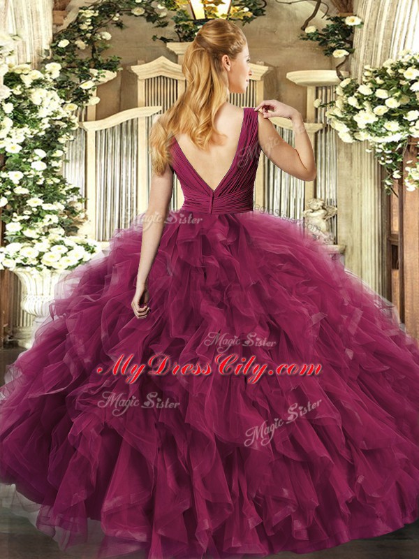 Romantic Burgundy Tulle Backless V-neck Sleeveless Floor Length Ball Gown Prom Dress Beading and Ruffles