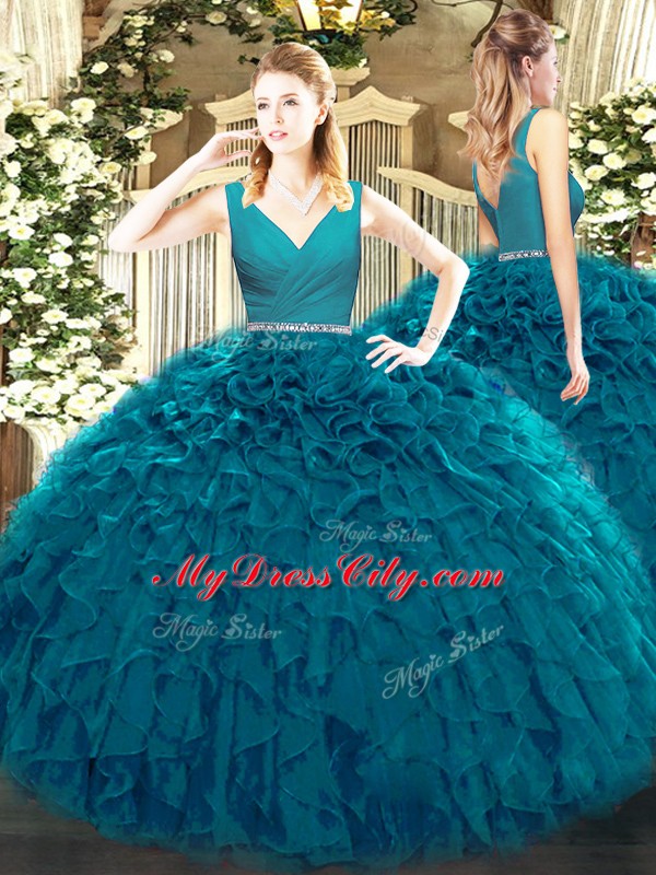 Tulle Sleeveless Floor Length Ball Gown Prom Dress and Beading and Ruffles