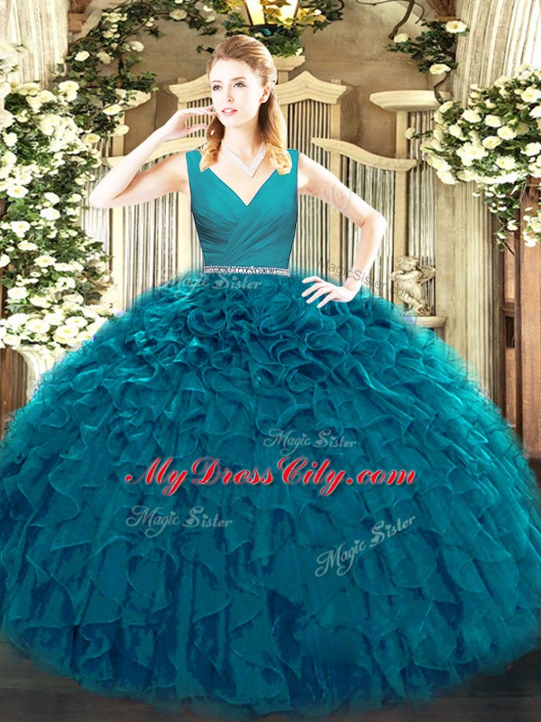 Tulle Sleeveless Floor Length Ball Gown Prom Dress and Beading and Ruffles