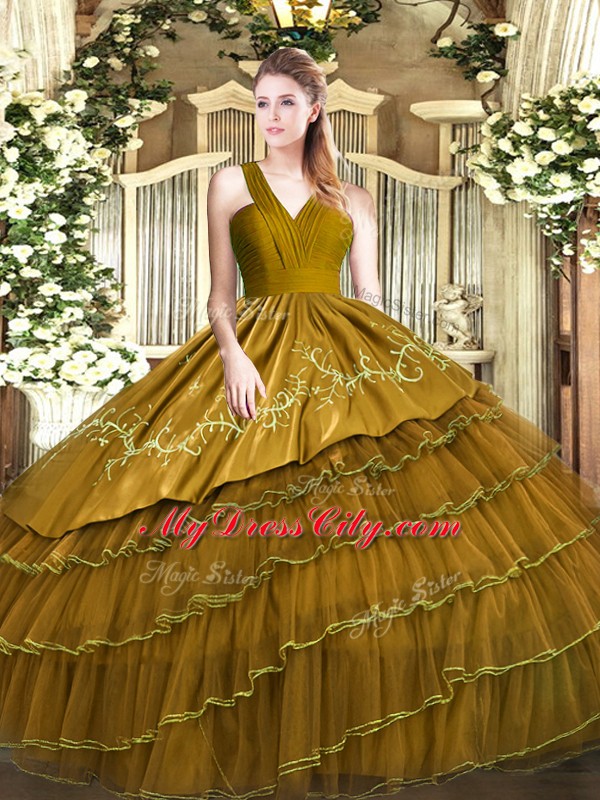 Artistic Brown Sleeveless Embroidery and Ruffled Layers Floor Length Sweet 16 Dresses