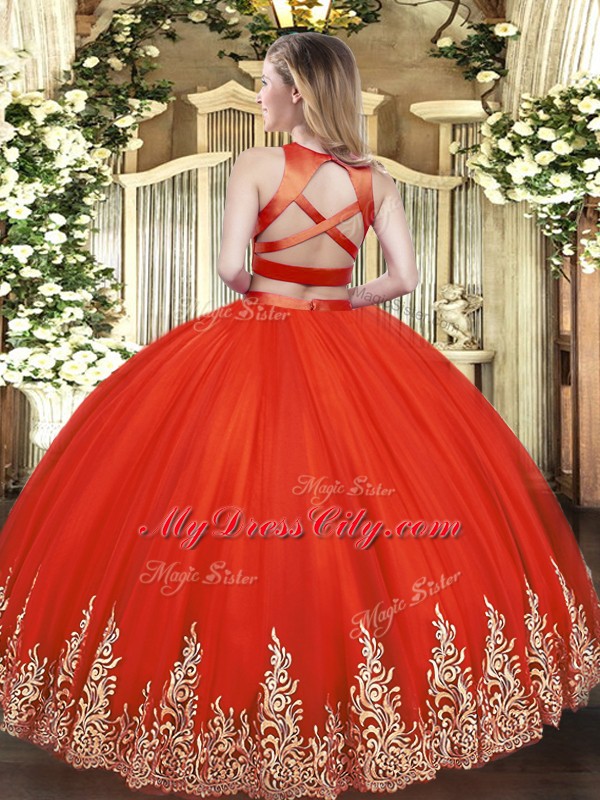 Smart Appliques Quince Ball Gowns Red Criss Cross Sleeveless Floor Length