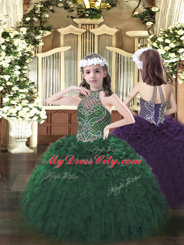 Dark Green Lace Up Halter Top Beading and Ruffles Kids Formal Wear Organza Sleeveless