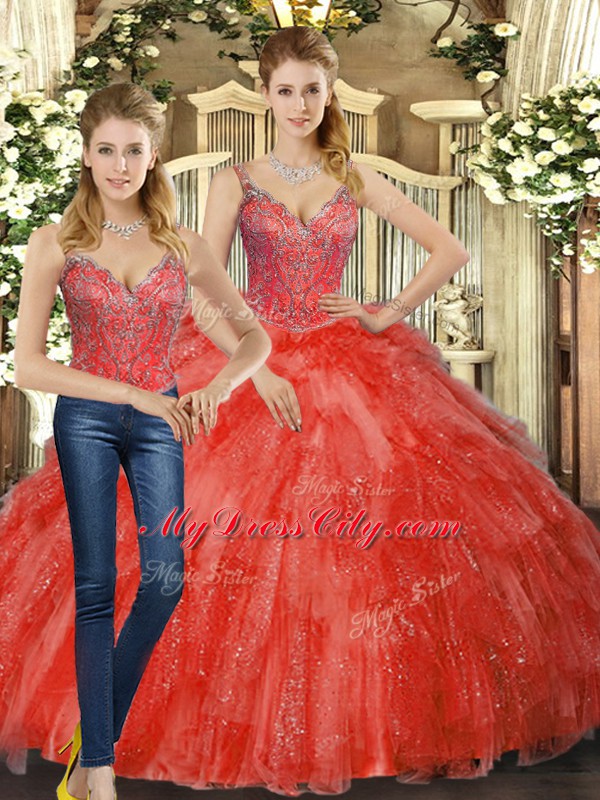 Red Quinceanera Gowns Military Ball and Sweet 16 and Quinceanera with Beading and Ruffles Straps Sleeveless Lace Up