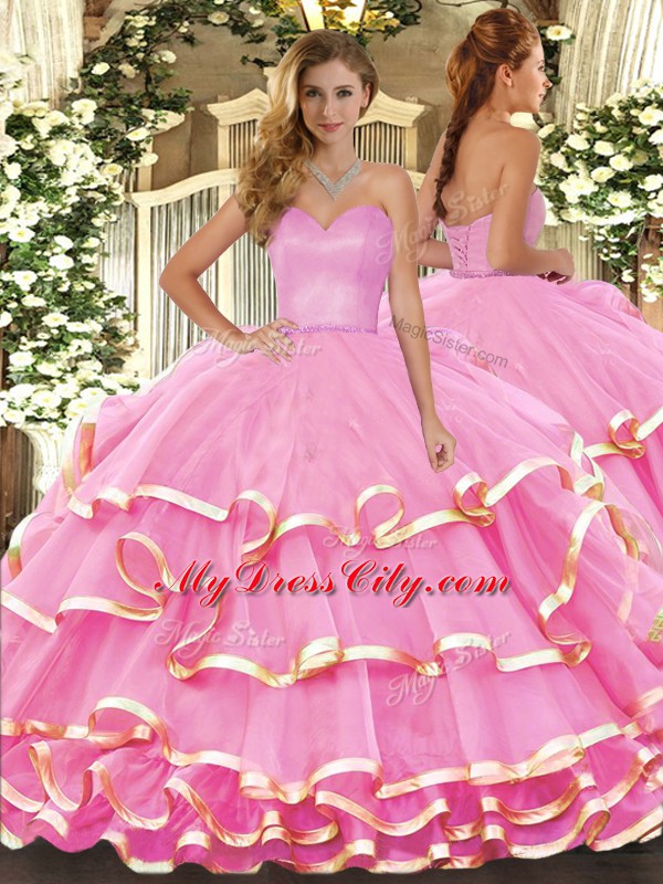 Rose Pink Vestidos de Quinceanera Military Ball and Sweet 16 and Quinceanera with Ruffled Layers Sweetheart Sleeveless Lace Up